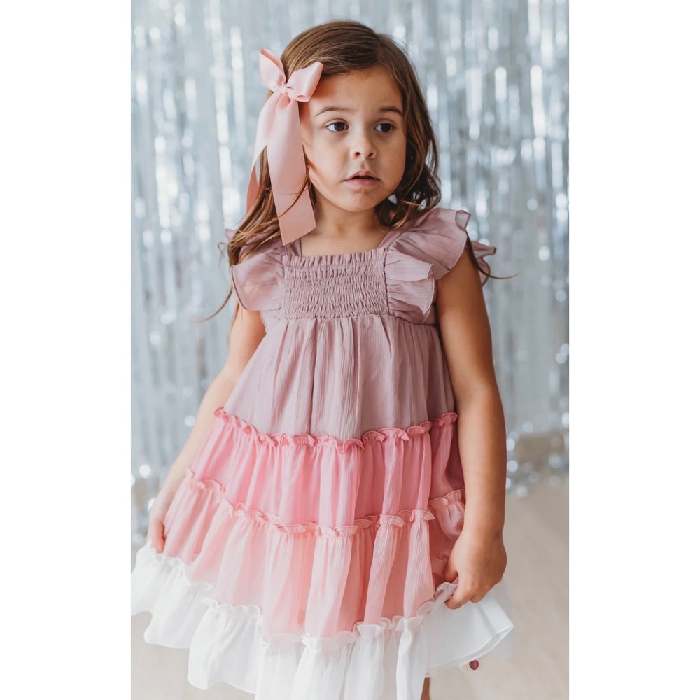 Cheeky‎ Plum Tiered Ruffle Dress Kids 12Y Pink Ombre Excellent Shimmer Smocked